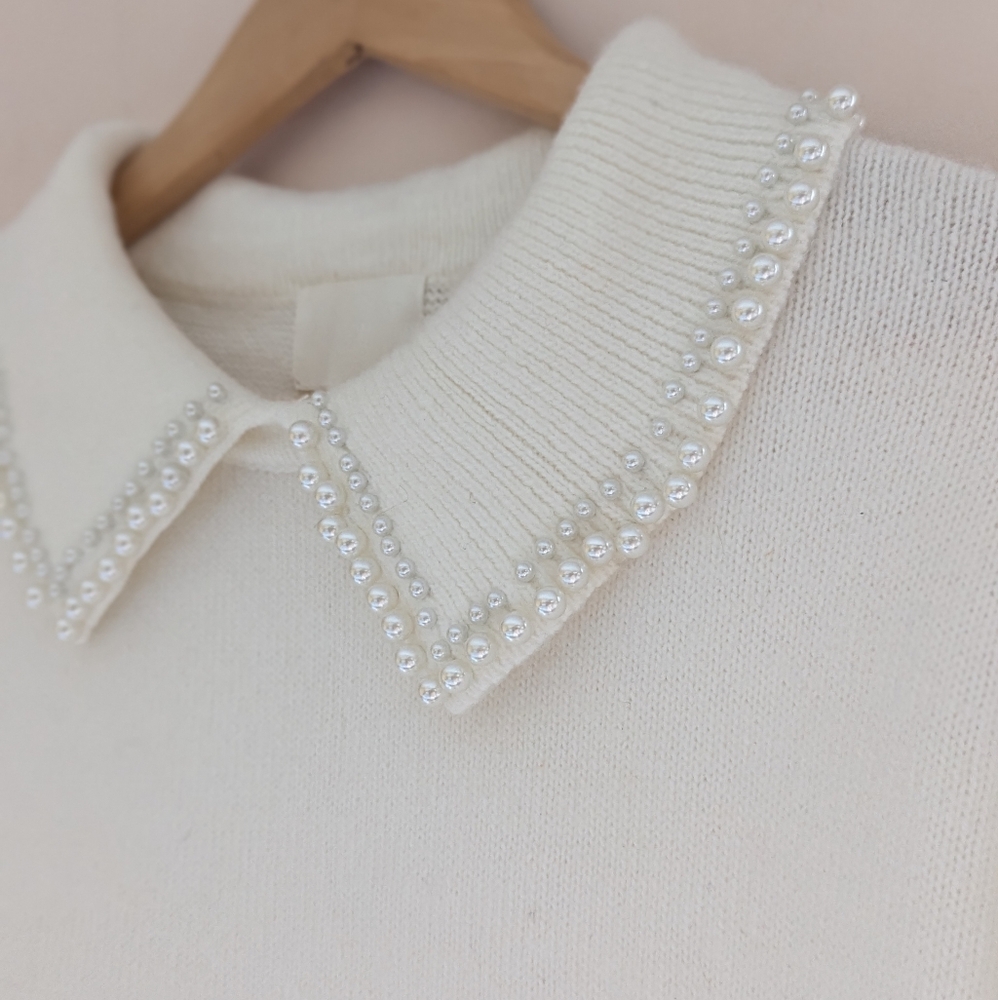 H&M Off White Knit Sweater Dress Pearl Bead Peter Pan Collar Large - Picture 6 of 16